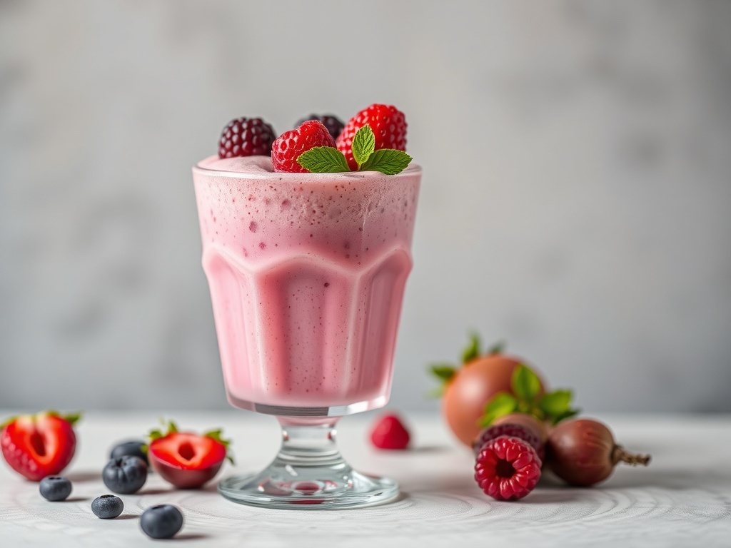 A vibrant pink smoothie with berries and mint leaves in a glass, surrounded by fresh fruits.