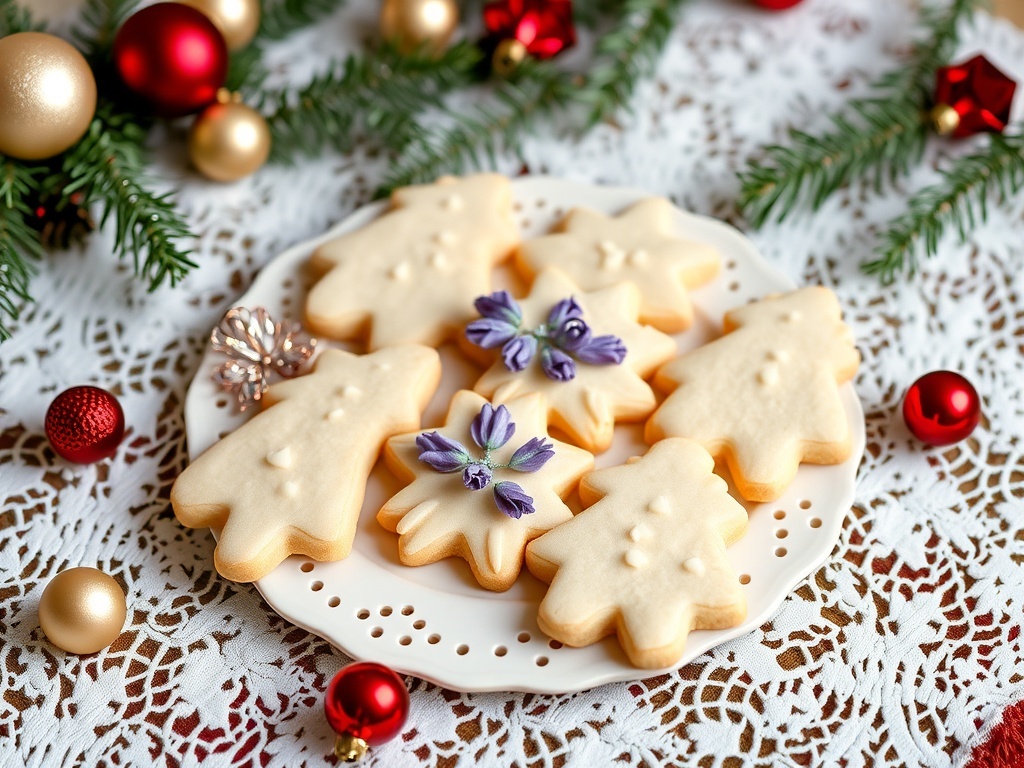 Lavender Honey Shortbread cookies on a decorative plate with festive decorations