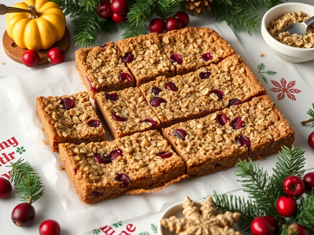 Cranberry orange oatmeal bars cut into squares, surrounded by festive decorations.