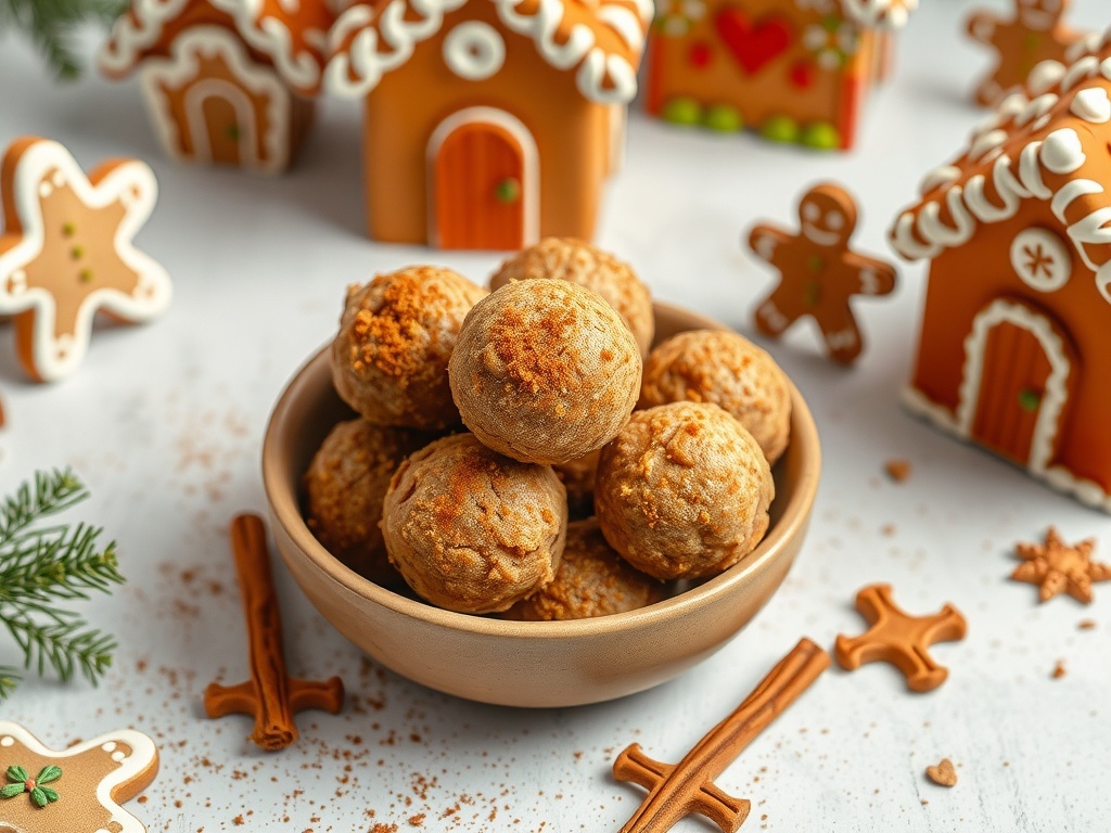 A bowl of gingerbread energy bites surrounded by gingerbread houses and cinnamon sticks.