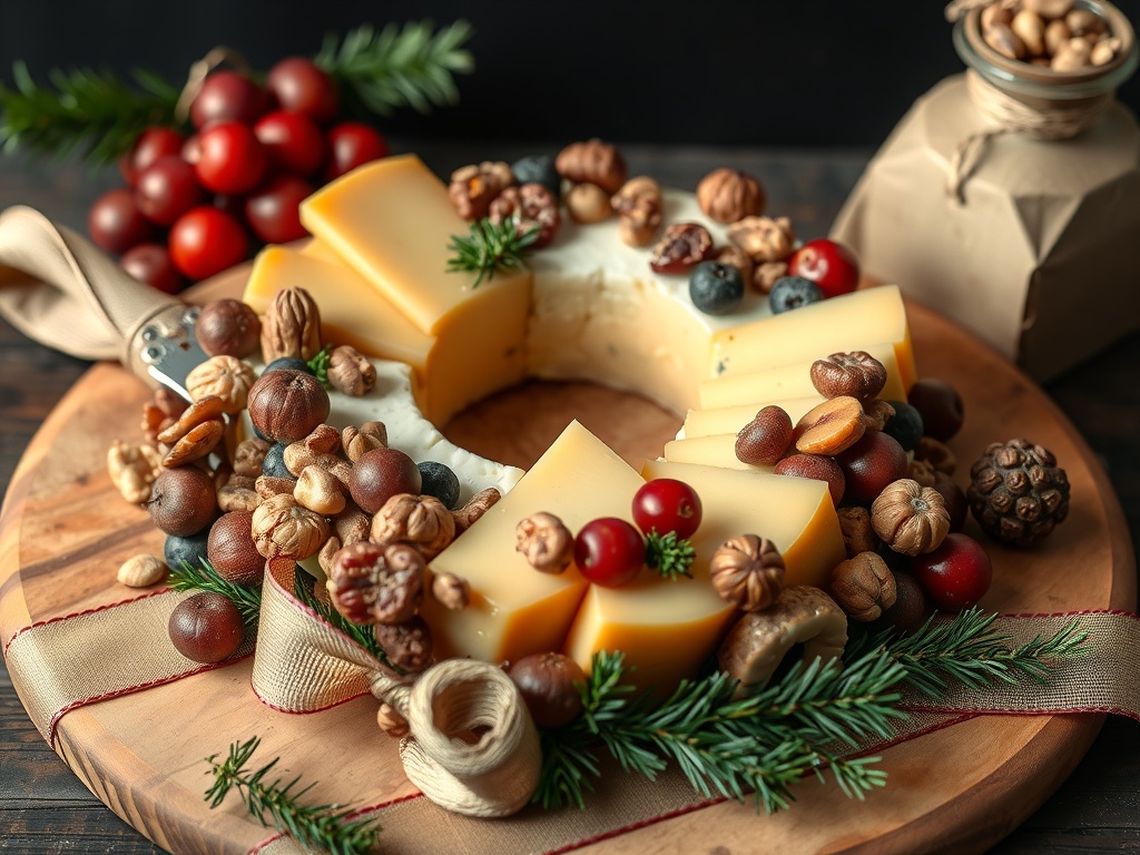 A beautiful cheese wreath adorned with nuts and dried fruits on a wooden platter.