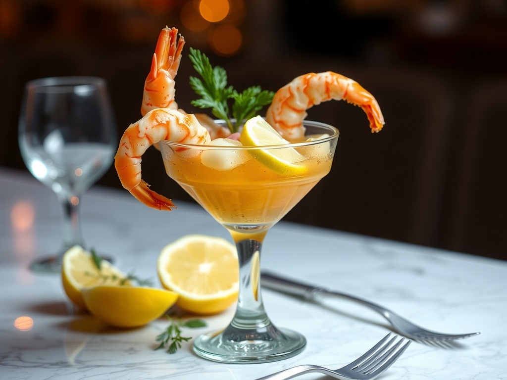 A glass of shrimp cocktail with citrus sauce, garnished with lemon slices and parsley.