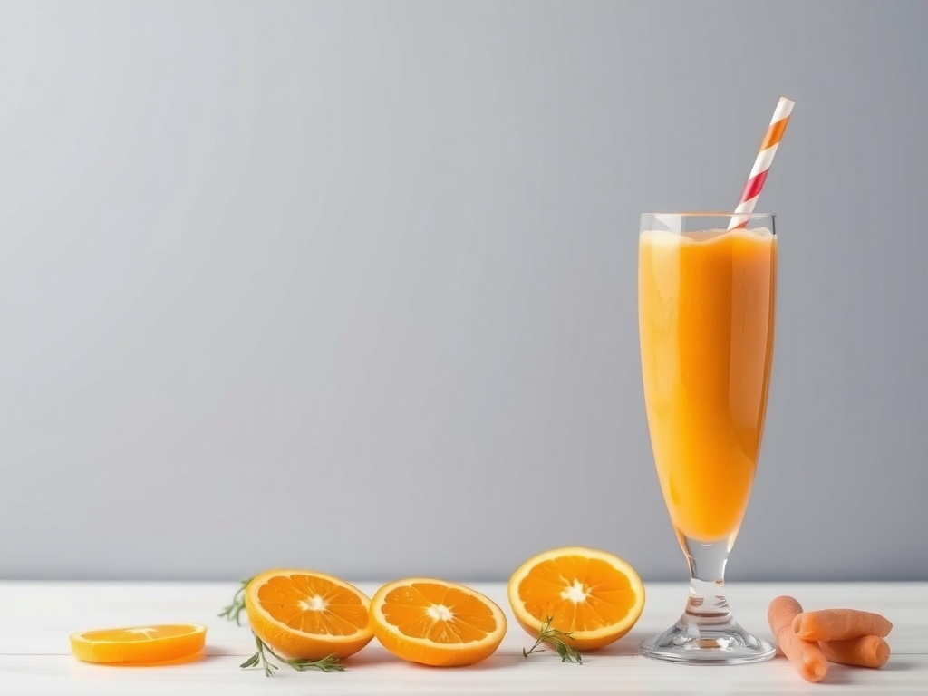 A refreshing Citrus Sunrise Smoothie in a tall glass with a straw, surrounded by orange slices and baby carrots.