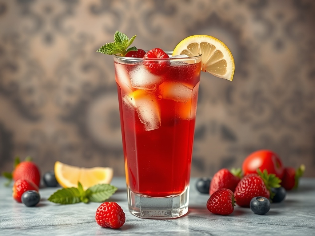 A refreshing glass of Berry Hibiscus Iced Tea garnished with lemon and mint, surrounded by fresh berries.