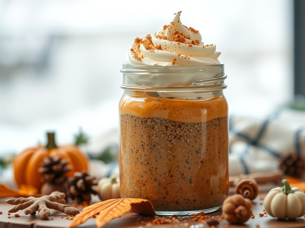 A jar of spiced pumpkin chia pudding topped with whipped cream and pumpkin spice, surrounded by autumn decorations.