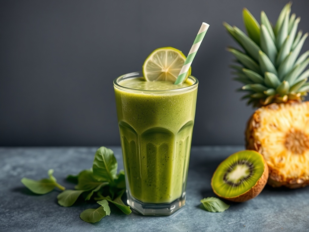A refreshing Tropical Green Goddess Smoothie in a glass with a straw, garnished with a lime slice, alongside pineapple and kiwi.