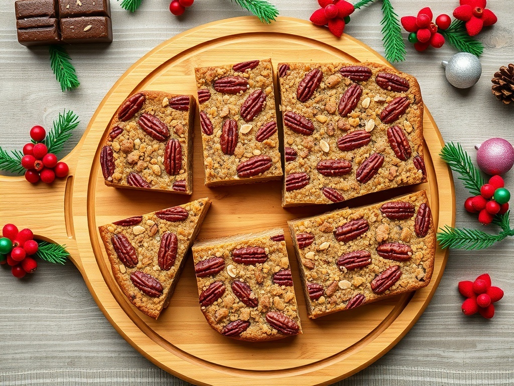 Pecan Pie Energy Bars on a wooden platter decorated with Christmas elements