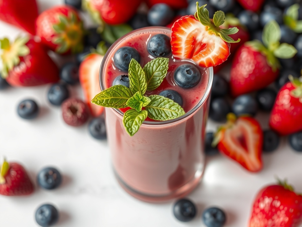 A vibrant berry smoothie with strawberries and blueberries garnished with mint leaves.
