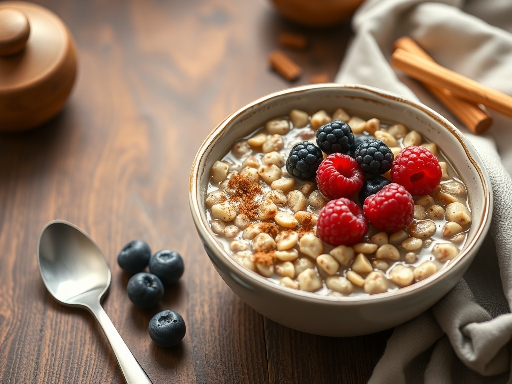 A bowl of warm oatmeal topped with fresh berries and cinnamon.