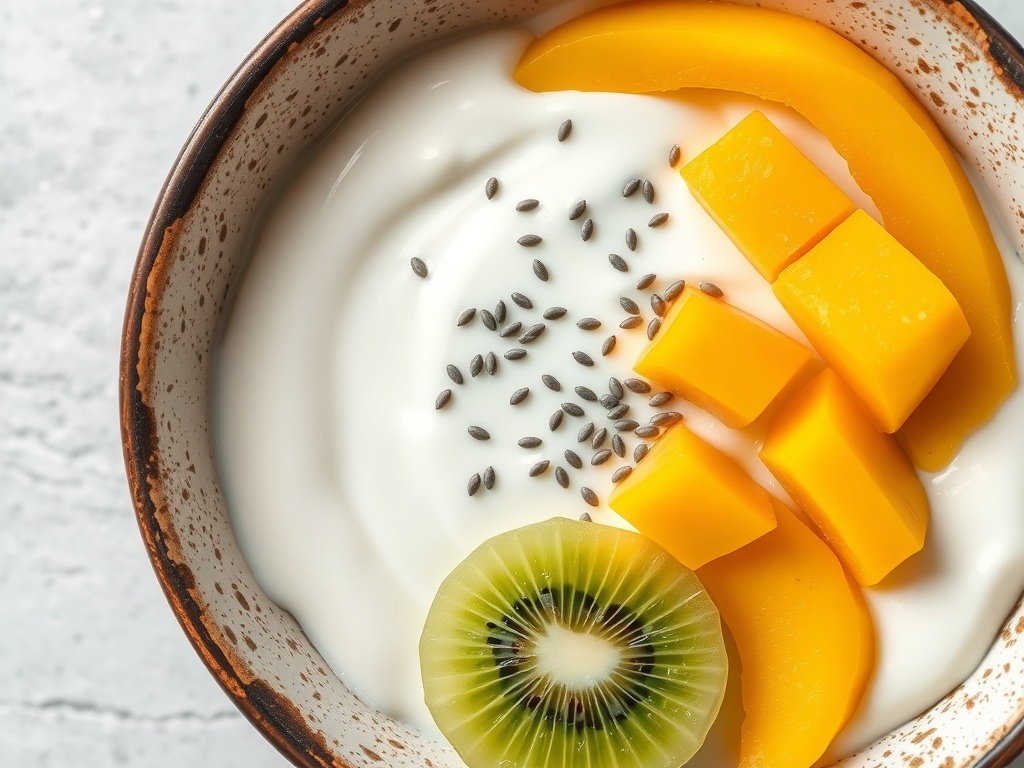 A bowl of coconut yogurt topped with mango, kiwi, and chia seeds.