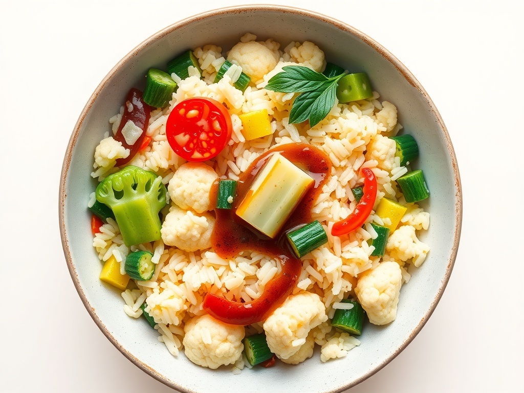 A bowl of colorful cauliflower rice stir-fry with various vegetables.