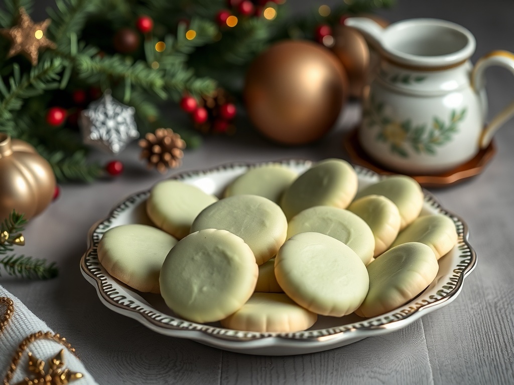 A plate of matcha white chocolate cookies decorated for Christmas