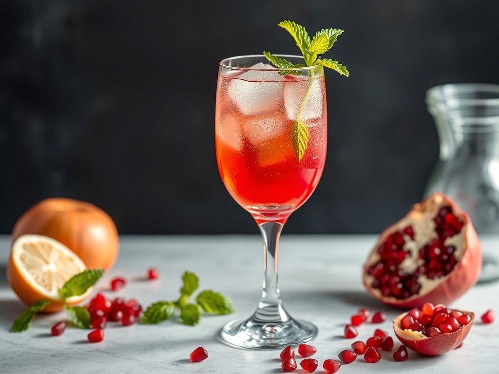 A refreshing Sparkling Pomegranate Mocktail garnished with mint and pomegranate seeds.