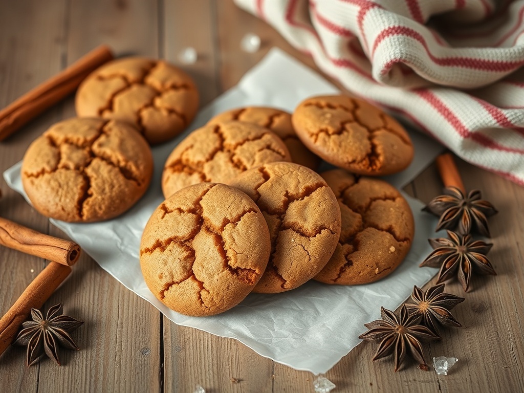 A plate of spiced ginger molasses cookies with cinnamon sticks and star anise on a wooden table.