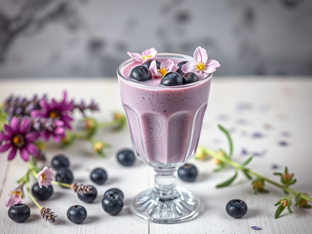 A glass of lavender blueberry smoothie topped with blueberries and flowers, surrounded by fresh blueberries and flowers.