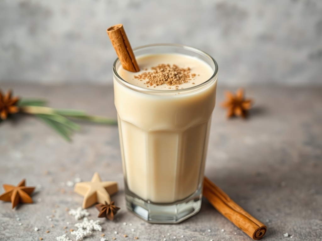 A glass of eggnog protein smoothie garnished with a cinnamon stick and nutmeg.