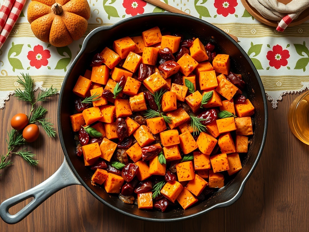 A skillet filled with roasted sweet potatoes, herbs, and spices, perfect for a cozy breakfast.