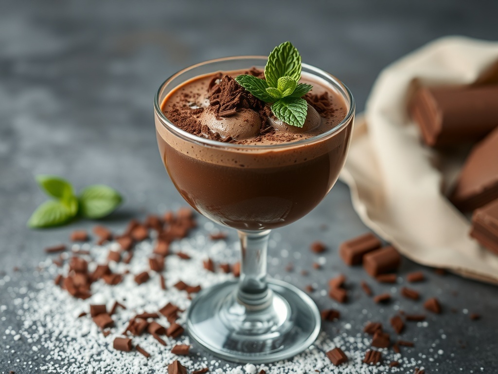 A glass of Choco-Mint Delight topped with whipped cream and chocolate shavings.