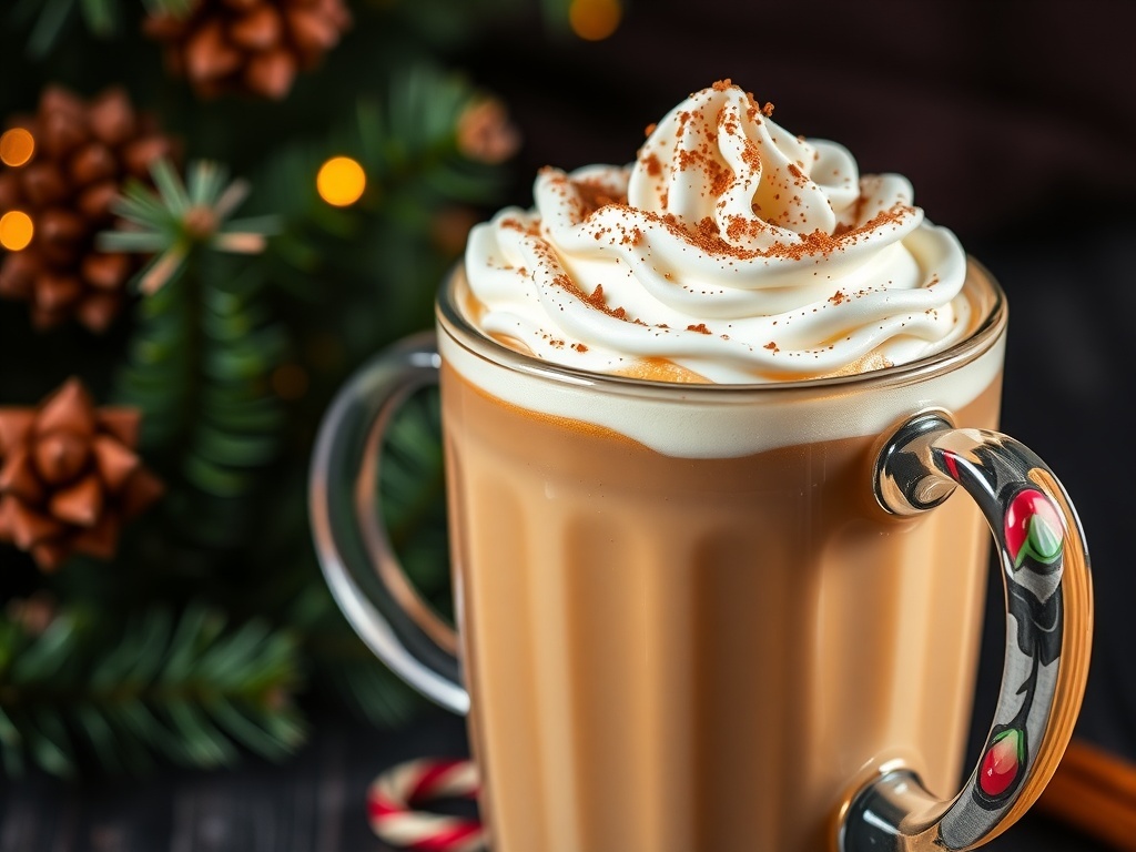 A cozy Gingerbread Spice Latte topped with whipped cream and a cinnamon stick, surrounded by festive decorations.
