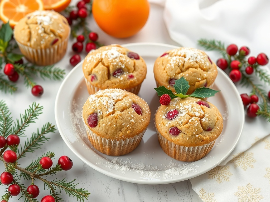 Cranberry orange muffins on a plate with festive decorations