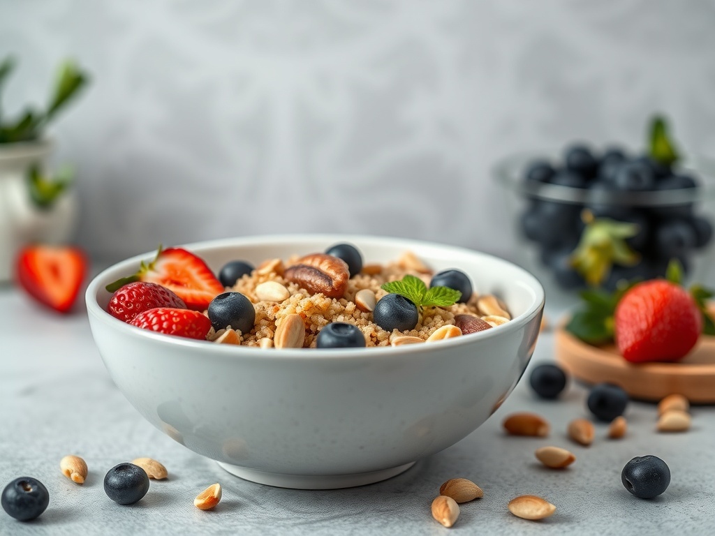 A quinoa breakfast bowl topped with fresh berries and nuts