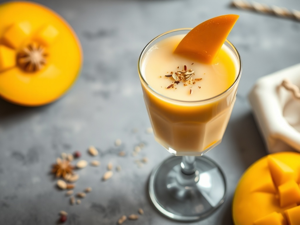 A glass of mango lassi topped with a slice of mango and seeds, with whole mangoes in the background.