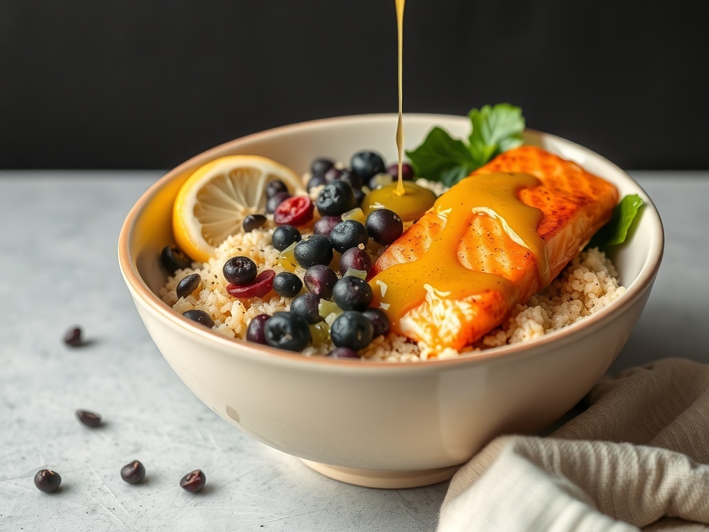 A delicious salmon and quinoa bowl with lemon dressing, garnished with mixed berries and greens.