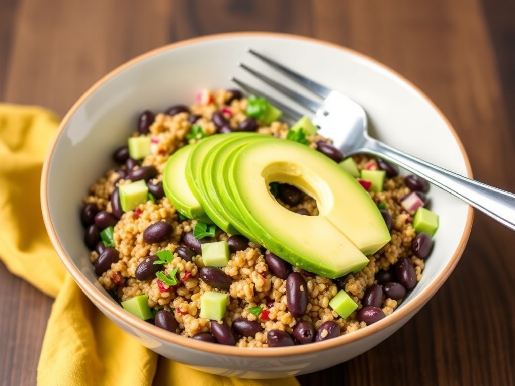 A bowl of quinoa and black bean salad topped with avocado slices and fresh herbs.