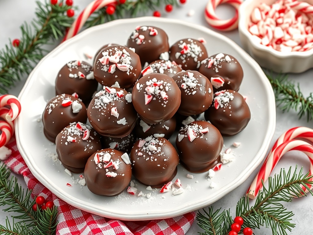 A plate of chocolate peppermint protein balls decorated with crushed peppermint.