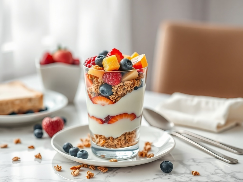A delicious Greek yogurt parfait with granola and fresh fruits.