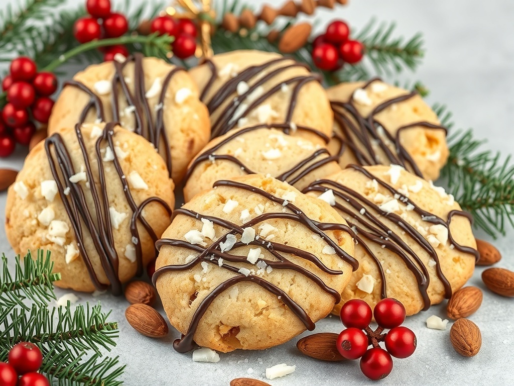 Delicious Almond Joy Cookies decorated with chocolate and coconut, surrounded by festive holiday decor.