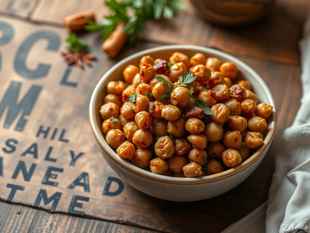 A bowl of spicy roasted chickpeas on a wooden table.