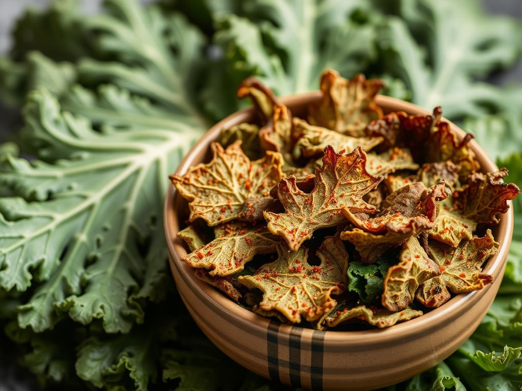A bowl of crispy kale chips surrounded by fresh kale leaves.