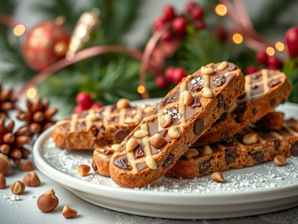 Gourmet Chocolate Hazelnut Biscotti on a plate with festive decorations