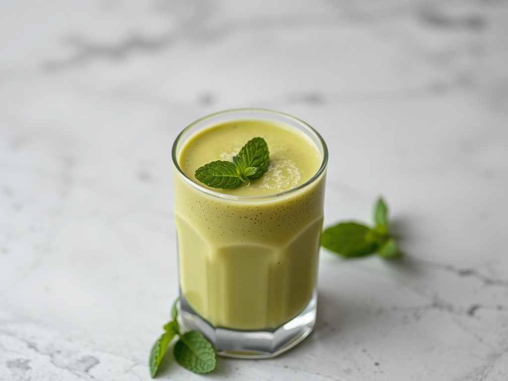 A glass of Matcha Mint Energizer smoothie garnished with mint leaves.