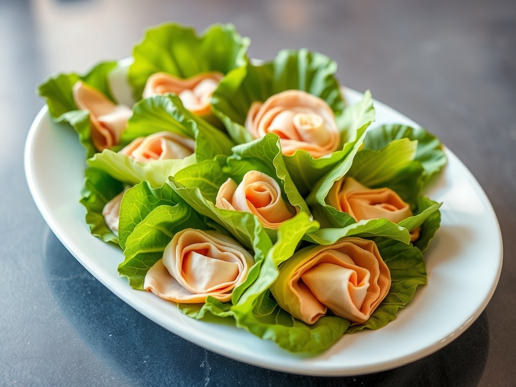 Plate of turkey and cheese lettuce wraps with fresh ingredients