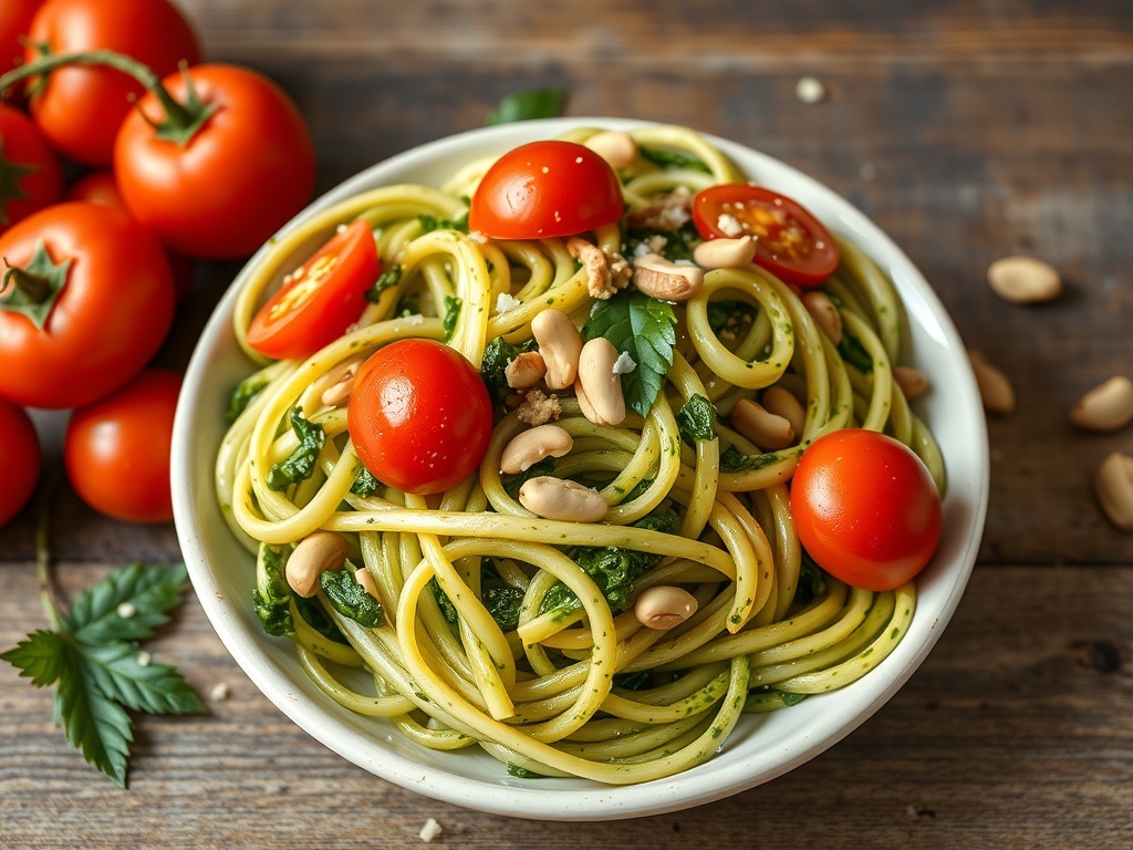A bowl of zucchini noodles with pesto, topped with cherry tomatoes and pine nuts.