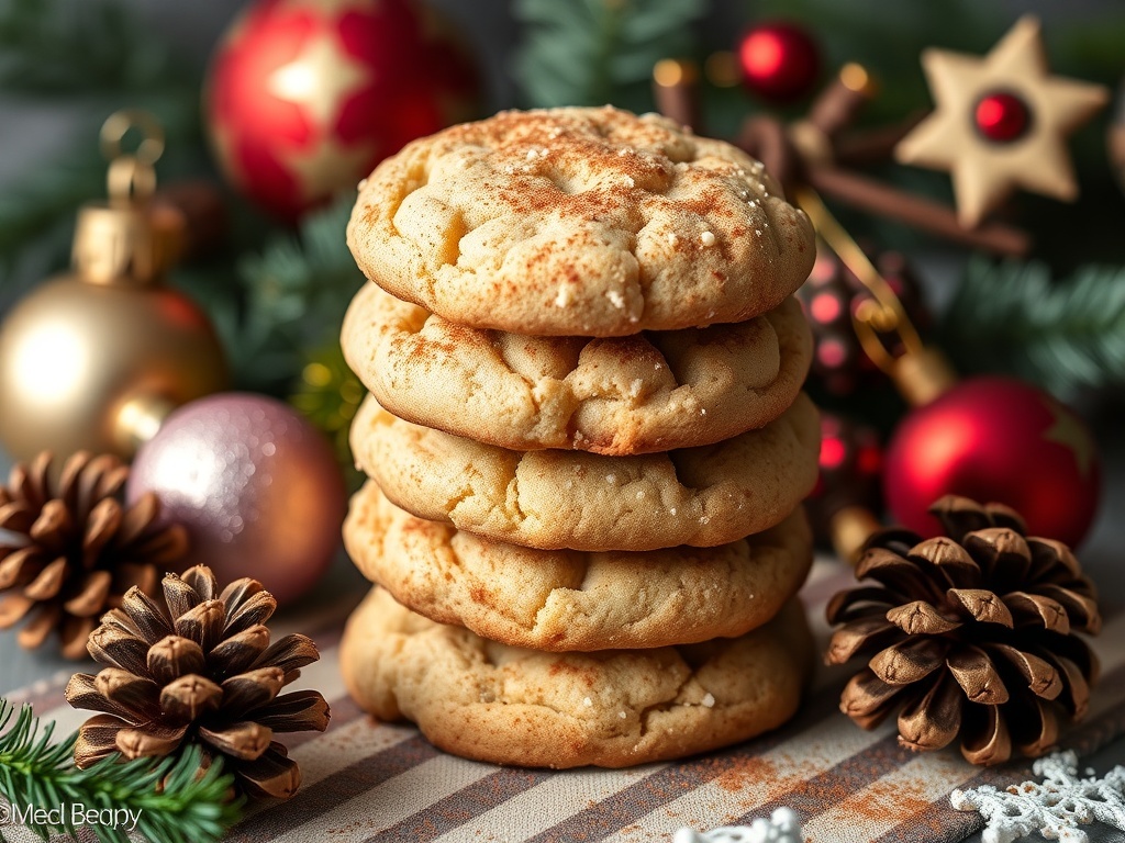 A stack of Eggnog Snickerdoodle cookies surrounded by festive holiday decorations.