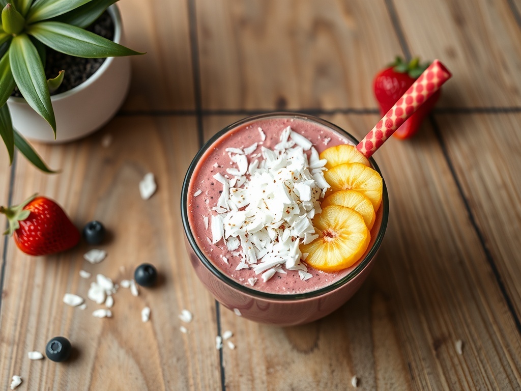 A smoothie bowl topped with coconut flakes, slices of pineapple, and strawberries, with a spoon and a plant in the background.