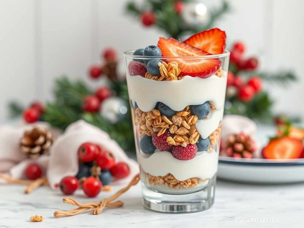 A glass of vanilla almond granola parfait with layers of yogurt, granola, and fresh berries.