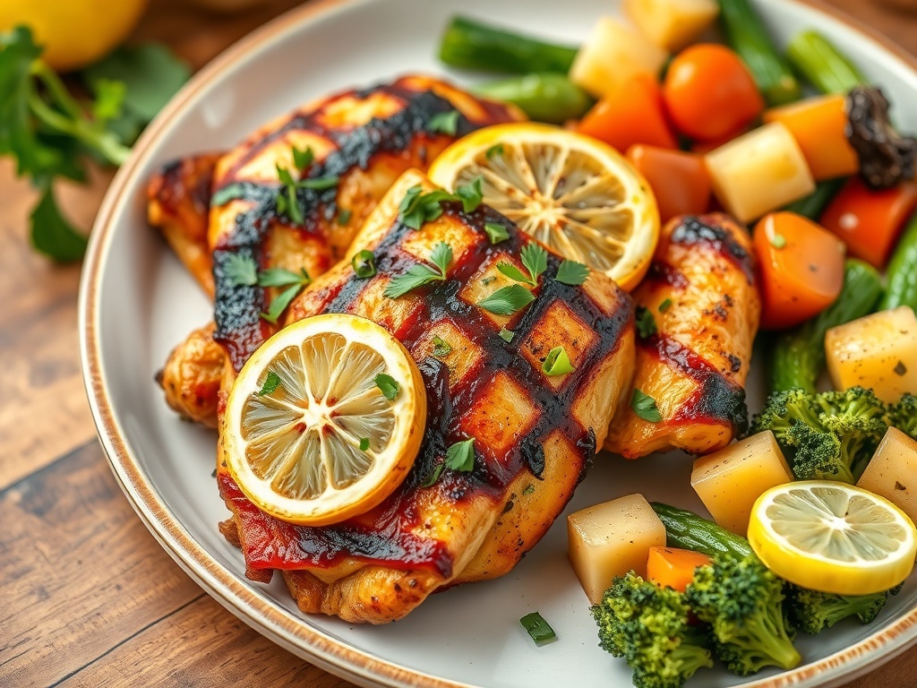 Grilled chicken breast with herbs and lemon served with colorful vegetables