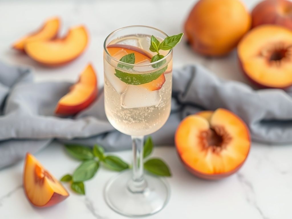 A refreshing Peach Basil Sparkler drink garnished with peach slices and basil leaves, surrounded by fresh peaches.