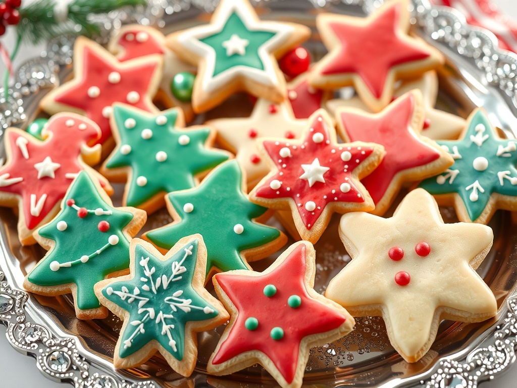 A platter of beautifully decorated Christmas cookies in various festive shapes and colors.