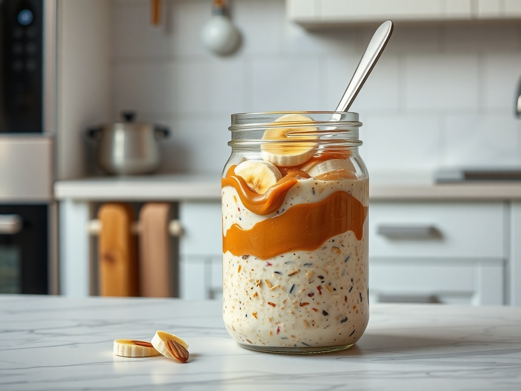 A jar of overnight oats topped with banana slices and almond butter.