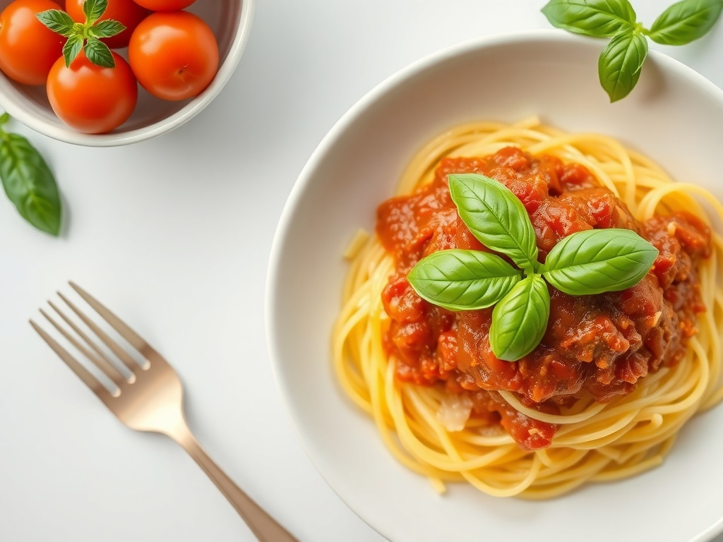A bowl of spaghetti squash topped with marinara sauce and fresh basil, with cherry tomatoes on the side.
