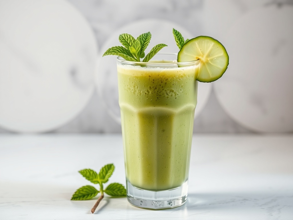 A refreshing cucumber mint smoothie in a glass garnished with mint and cucumber slices.