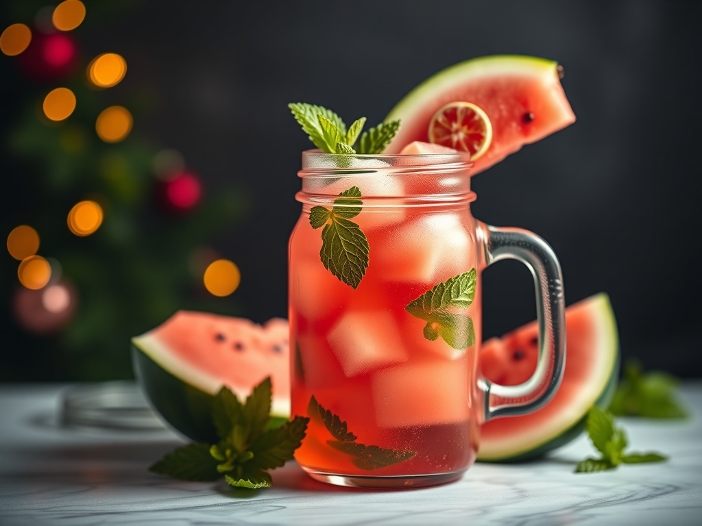 A refreshing Minty Watermelon Cooler in a mason jar, garnished with mint leaves and watermelon slices.