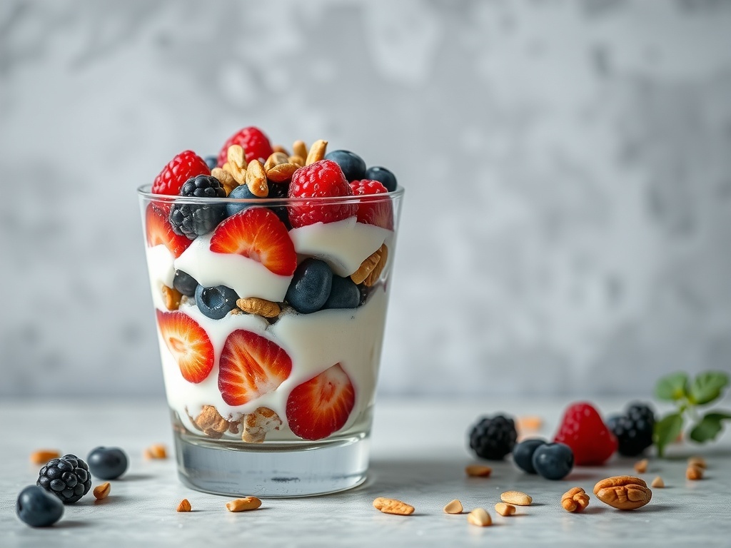 A delicious Greek yogurt parfait with layers of berries and nuts in a glass.