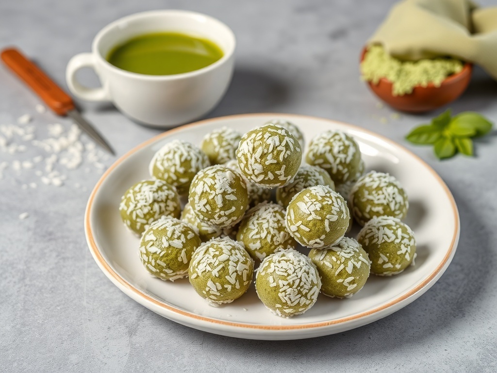 A plate of matcha energy bites coated in shredded coconut.