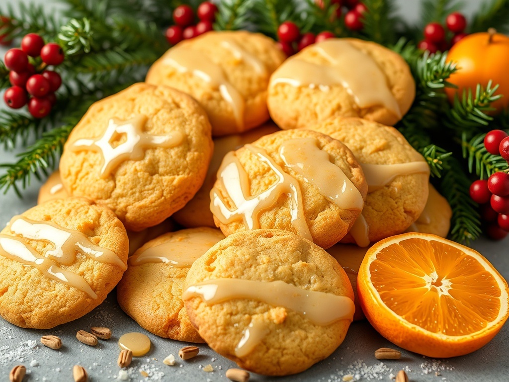A stack of orange cardamom cookies with a drizzle of glaze, surrounded by orange slices and festive decorations.